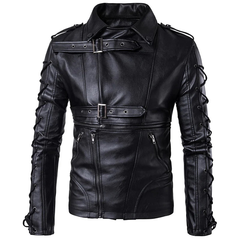 Men’s Laced Military Gothic Black Genuine Sheepskin Racer Classic Fit Biker Leather Jacket
