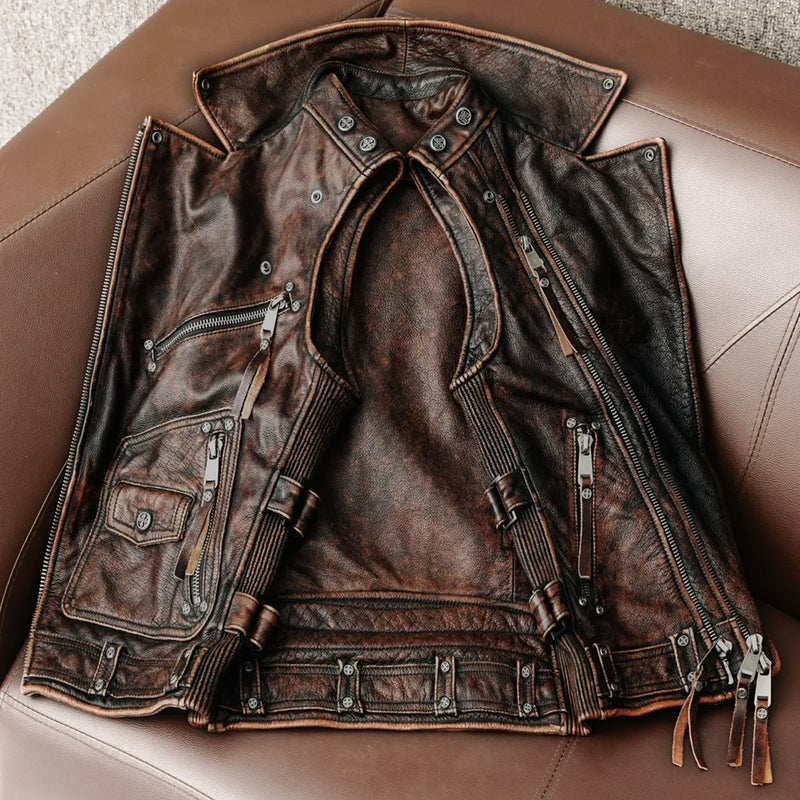 Men’s Biker Vintage Brown Genuine Cowhide Western Slim Fit Leather Zipper Waistcoat