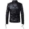 Men’s Laced Military Gothic Black Genuine Sheepskin Racer Classic Fit Biker Leather Jacket