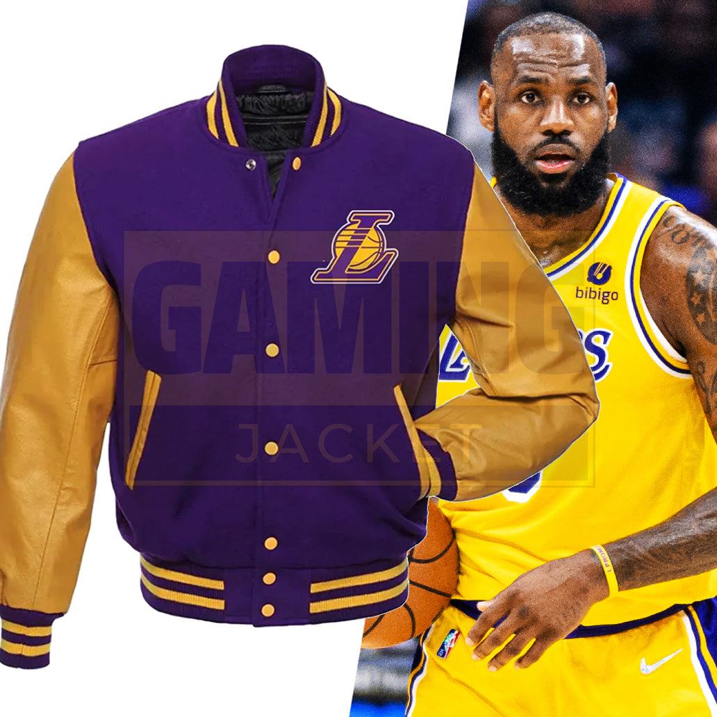 Lakers Lebron James Varsity Leather Jacket | Lakers Merch